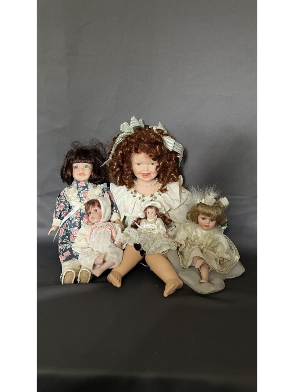 Set Of 5 Vintage Porcelain Dolls In Various Outfits & Sizes Including Large Redh